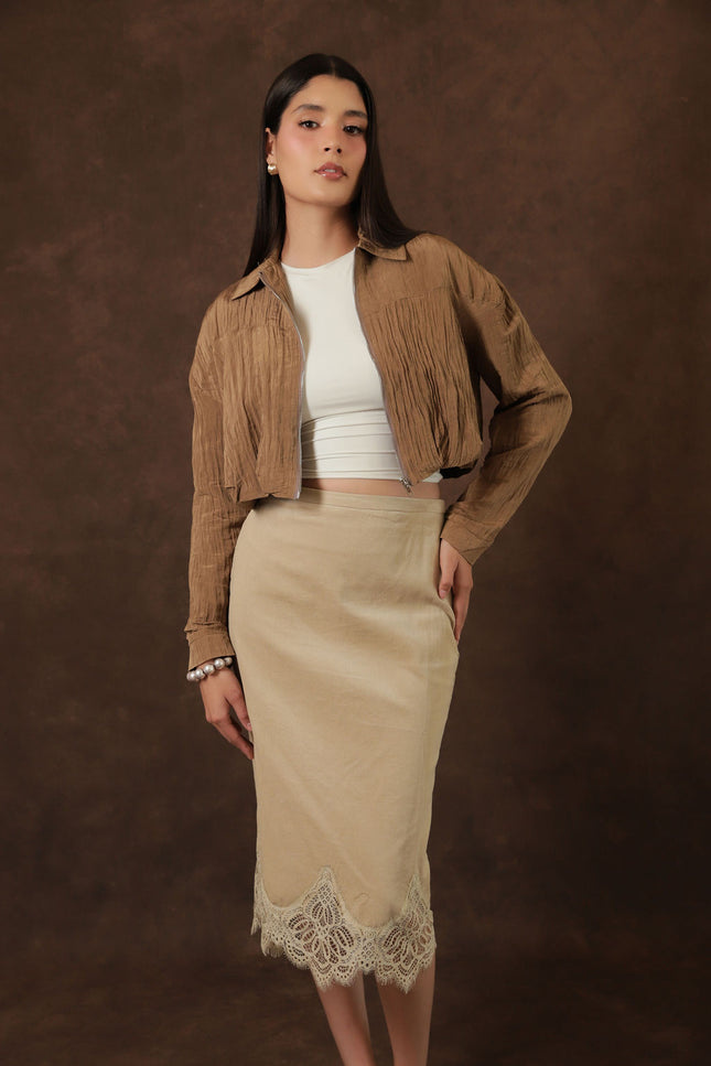 Falda Midi Beige con Encaje