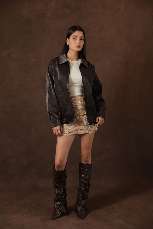 Chamarra Café Ligera Efecto Arrugado